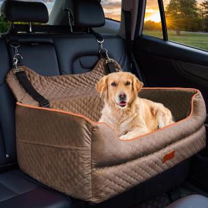 Dog Car Seat for Large/Medium Dogs - Memory Foam Dog Booster Seat for Under 55Lbs or 2 Small Dogs-Detachable and Washable Travel Bed with Thick Cushion and Storage Pockets-Brown