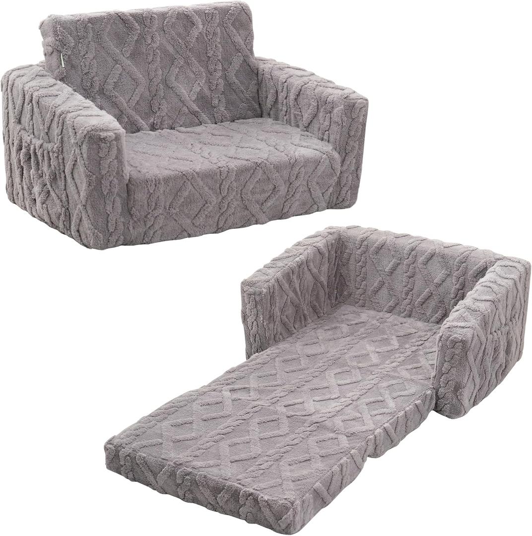 Toddler Couch for Kids – 2-in-1 Fold Out Sofa and Lounger, Soft Flannel Convertible Chair, Flip Open Kids Couch (Grey)