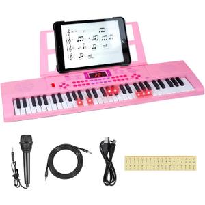 Kids Keyboard Piano, 61 Light-up Key Electric Piano Musical Learning Toy for Beginners with Microphone, Music Stand, Notekey Sticker, Birthday Xmas Gift for 3-10 Years Old, Pink, 26.8 Inches X 7.9 Inches X 2.2 Inches