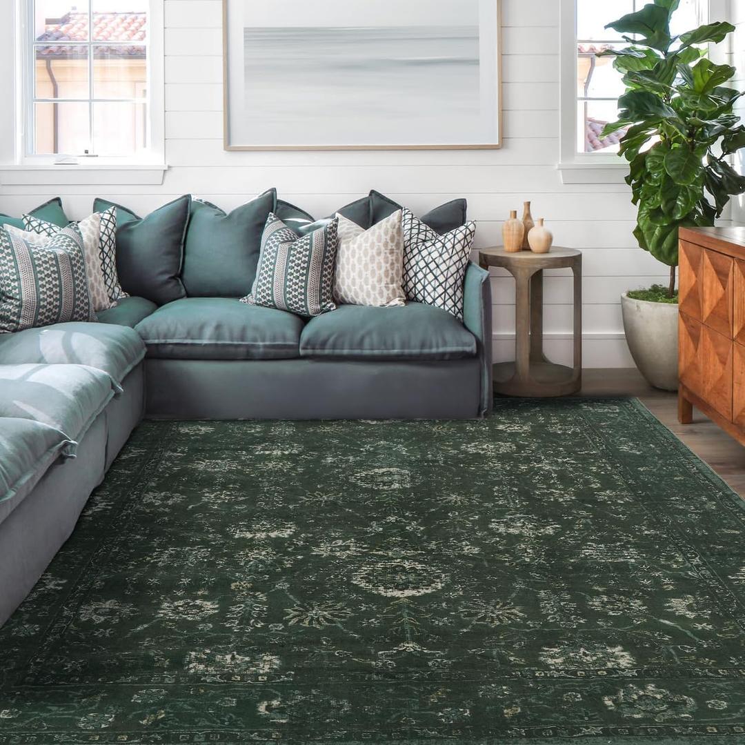 Dark Green Floral Area Rug 5x7,Washable Boho Rugs for Bedroom Living Room, Super Soft Dining Room Carpet Upgraded Anti-Slip Backing Rug for Farmhouse Kids Playroom, Dark Green and Cream