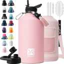 1 Gallon Water Bottle Insulated | Thickened Stainless Steel Vacuum Metal Water Jug | Portable Sports Large for Gym and Hiking with Straw, Carrier Bag, Handle Strap | BPA-Free 128 oz (Pink)
