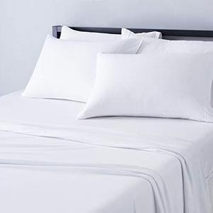 Amazon Basics 4 Piece Bed Sheet Set, 100% Cotton Jersey, Includes Super Soft, Flat and Fitted Sheets, Pillowcase, King, White, Solid
