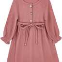 Toddler Baby Girl Cotton Linen Dress Long Sleeve Crew Neck Dresses Button Down Dresses Casual Spring Fall Dress (3-4T, Pink)