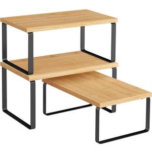 SONGMICS Cabinet Organizer Shelf, Set of 3 Kitchen Counter Shelves, Kitchen Storage, Spice Rack, Stackable, Expandable, Ink Black and Natural Beige UKCS014YL03 (7.7"D x 11.7"W x 6.2"H)