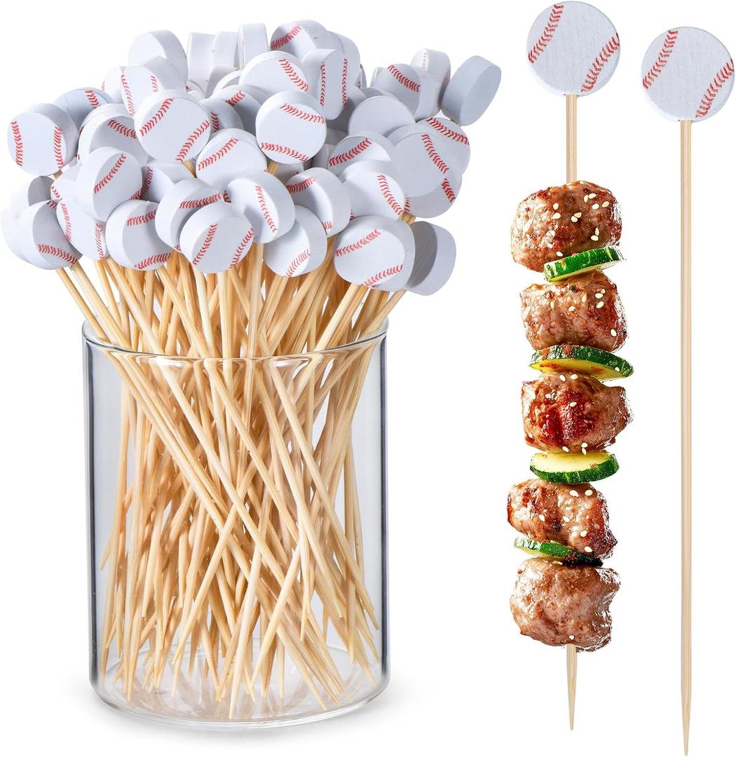 JtmyAota 100 Pack Baseball Toothpicks, 4.7 Inch Bamboo Cocktail Picks, Bamboo Toothpicks for Sports Catered Event Birthday Themed Party Decorations