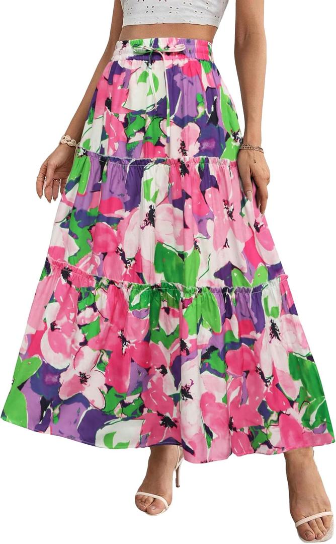 POPZONE Women Maxi Skirt Floral Boho Tiered Fall Summer Flowy Skirts Casual High Waist Long Skirts for Women (S)
