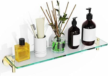 20 Inches Glass Shelves for Bathroom, Brushed Gold Floating Glass Shelf Stainless Steel Tempered Glass Bathroom Shelves for Wall Mount Modern