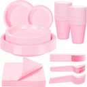 WELLIFE 210 PCS Pink Plastic Plates for 30 Guests - Disposable Dinnerware Set Including Dinner Plates, Dessert Plates, 12oz Cups, Cutlery & Napkins, Pink Party Plates
