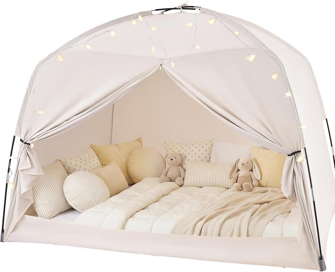 Twin Bed Tent for Kids, Indoor Play Tent with Star Lights, Cozy Privacy Space Birthday Gift for Boys & Girls (Cream)
