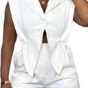 Molisry Women's Sleeveless Rompers Dressy Irregular Lapel Neck Blazer Vest Elasitc Waist Shorts Jumpsuit Casual 2025, White, 3X-Large