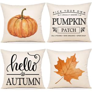 ZWJD Fall Pillow Covers - 20x20 Set of 4 Farmhouse Decor Pillows With Pumpkin, Maple Leaves and Hello Autumn Designs for Porch, Couch, Bed