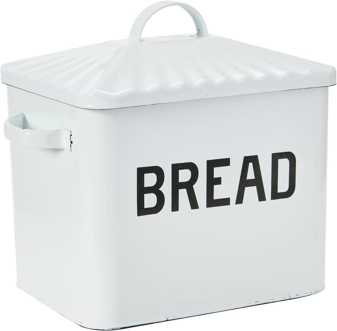 Creative Co-Op Distressed White Bread Box with Lid, 13.5" L X 8.5" W X 12" H