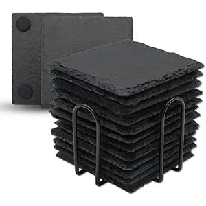 12 Pack Slate Drink Coasters with Metal Holder, VIBRATITE 4 Inch Black Slate Stone Coasters Bulk Laser Engraving Blanks with Anti-Scratch Bottom for Drink Coffee Bar Kitchen Home Decor, Square