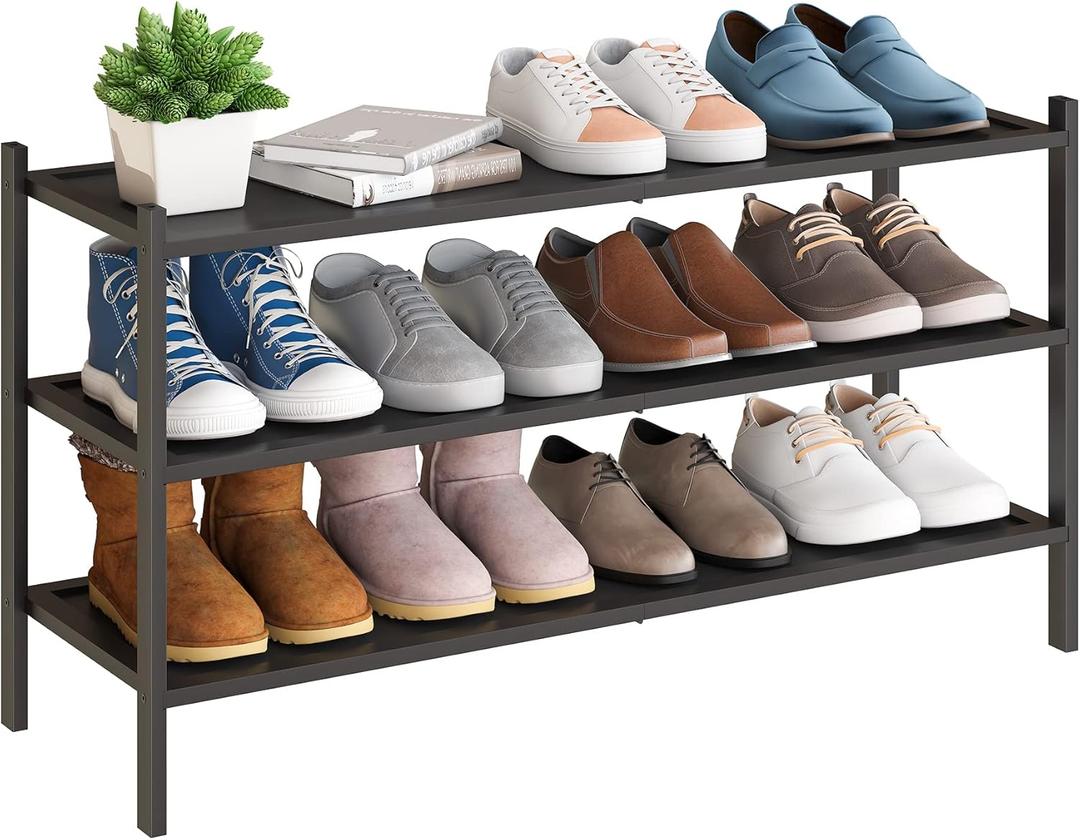 BMOSU 3-Tier Bamboo Extended Shoe Rack Premium Stackable Shoe Shelf Storage Organizer for Hallway Closet Living Room Entryway Organizer(Black)