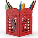 Mango Steam Metal Pen Holder, Makeup Brush Cup Organizer for Office, Bathroom, Vanity (Red, British Telephone Booth)