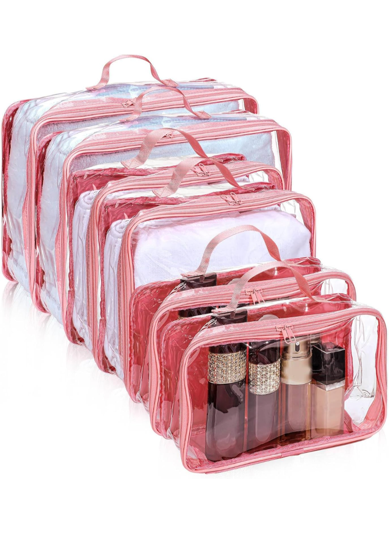 Hillban 6 Pcs Pink Large Clear Travel Packing Cube 3 Sizes See Through PVC Organizer for Suitcase Multipurpose Pouch with Handle Vinyl Zippered Storage Bags Luggage Cube Organizer