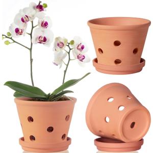 6 Inch Terracotta Orchid Pots with Holes, Saucers - 3 Pack Clay Orchid Planter Pots for Repotting, Small Terra Cotta Pot, Indoor & Outdoor, Promotes Air Circulation