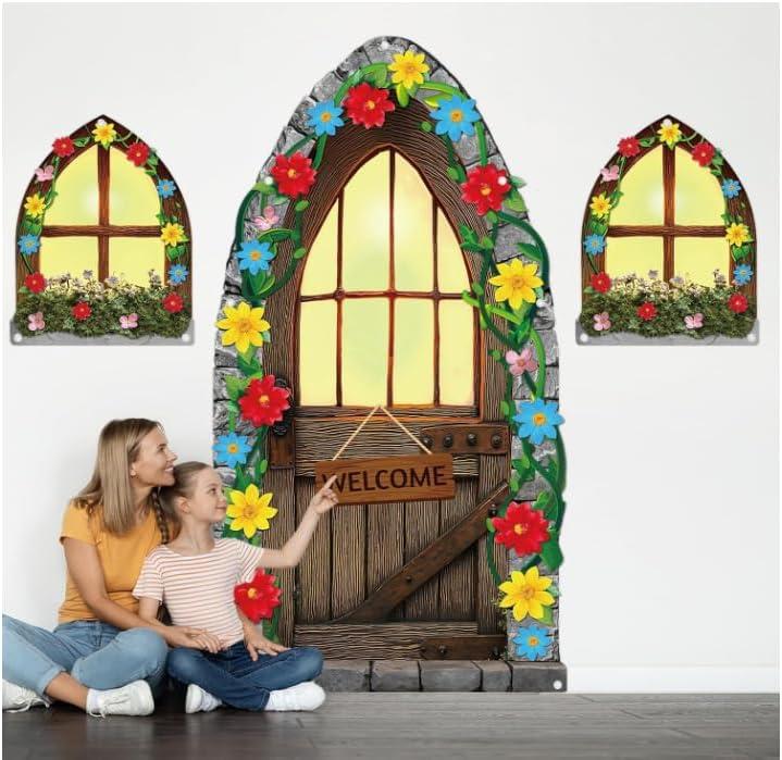3Pcs Fairy Theme Door Window Cover Fairytale Door Window Decorations Fairy Porch Banner Forest Party Photo Booth Backdrop Fairytale Background for Kids Indoor Outdoor Room Party Supplies