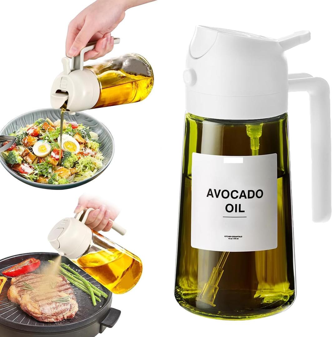 16oz/470ml Glass Olive Oil Sprayer for Cooking - 2 in 1 Olive Oil Dispenser for Kitchen Gadgets, Air Fryer, Salad, and BBQ (beige)