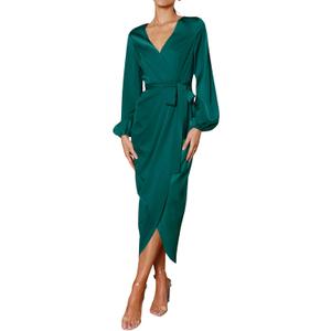 PRETTYGARDEN Women's Maxi Satin Dress 2023 Puff Sleeve Wrap V Neck Ruched Belted Long Formal Cocktail Dresses (Dark Green, Small)