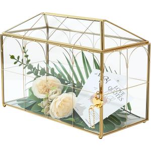 Glass Card Box with Slot, Large Gold Clear Card Box for Wedding Receptions - Home Birthdays Party Geometric Decorative, 12.59" x 5.9" x 9.05" (Gold)