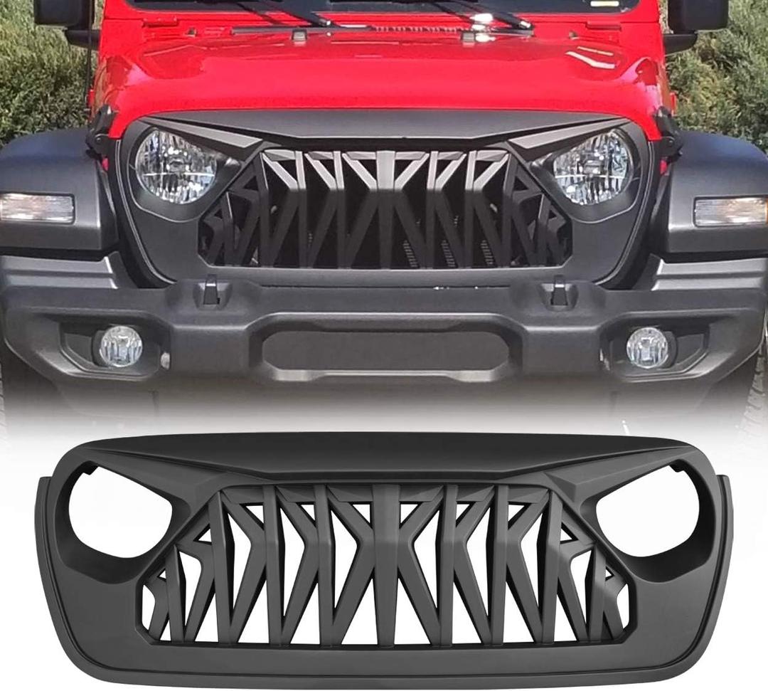 Front Shark Grille Compatible with 2018-2025 Jeep Wrangler JL JLU Gladiator JT w/o TrailCam, Matte Black