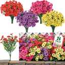 24 Bundles Artificial Flowers for Outdoor Indoor Garden Home Decoration, Look Real for Front Door Porch Patio Yard Balcony, Faux Flower Daisy with Eucalyptus Leaves Fake Plants, 4 Colors