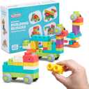 PREXTEX Soft Building Blocks for Toddlers 18 Months and up- 62-Piece Rounded Multicolored Bricks - Educational Toy - Vehicle Friends Edition for Interactive Family Fun and Creative Play