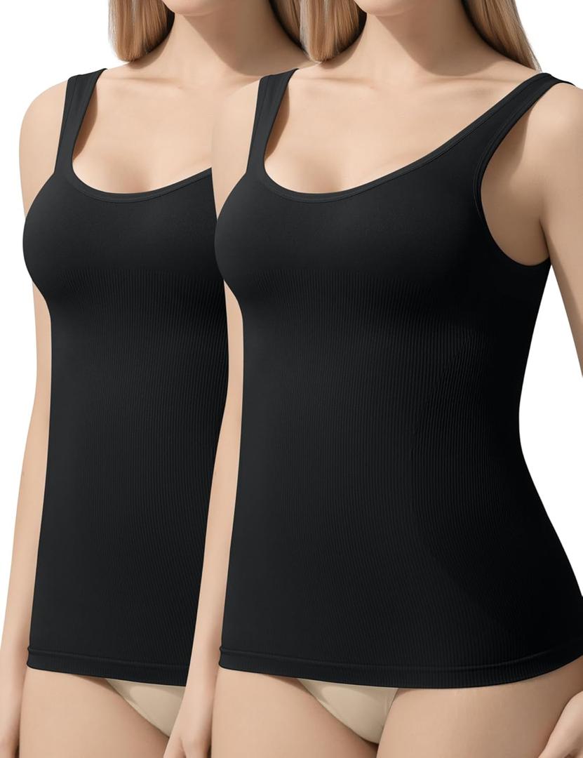 Esa Liang Shapewear Tummy Control Crew Neck Compression Tanks for Women Camisole Womens Tank Tops Daily Seamless Body Shaper (Black, M)