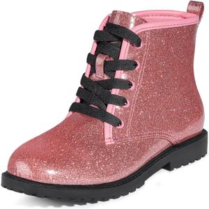 FITORY Girls/Boys Ankle Combat Boots with Side Zipper and Lace-Up, Waterproof Glitter Style, Easy On/Off Sparkle Shoes for Toddler/Little Kid/Big Kid (Hot Pink, 1)