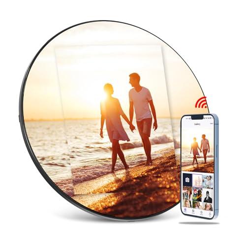 Digital Mirror Picture Frame, Touch Screen Smart WiFi Round Photo Frame Electronic, 32GB Storage, Share Photos and Video with App, Circle Vanity Mirror for Desk, Wall, Room Decor