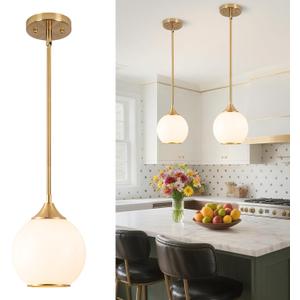 Loiogohot Pendant Lights Kitchen Island,Farmhouse Pendant Light with Milky Glass Globe Shade,6.29" Glass Pendant Light for Brushed Bronze Finish Farmhouse Entryway Dining Room Kitchen Island 1 Light