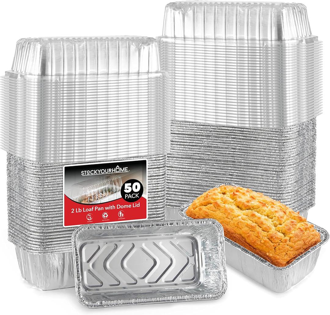 Stock Your Home Disposable Aluminum Loaf Pans with Lids, 2 Lb (50 Pack) Foil Baking Tins with Plastic Lid, Tin Pan with Cover for Cake, Banana Bread, Meatloaf, Mini Lasagna, Drip Trays