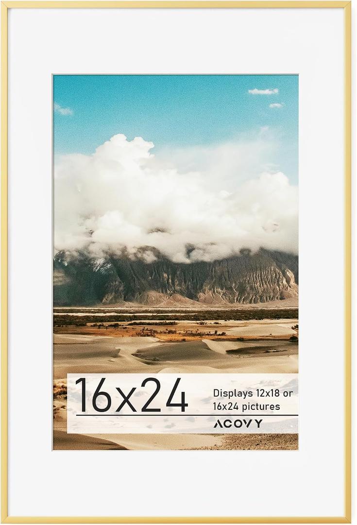 Acovy 16x24 Aluminum Picture Frame Matted to 12x18, 16 x 24 Poster Frame with HD Tempered Glass, Metal 24x16 Frame for Wall, Wall Hook Included (Gold, Pack of 1), 16"x24"-1P Real Glass