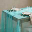 Horaldaily White Pearl Turquoise Gauze Tablecloth, 60×84 Inch Rectangular, Spring Summer Tulle Lace Cheesecloth, Bridal Shower Table Cover for Wedding Birthday Table Decor