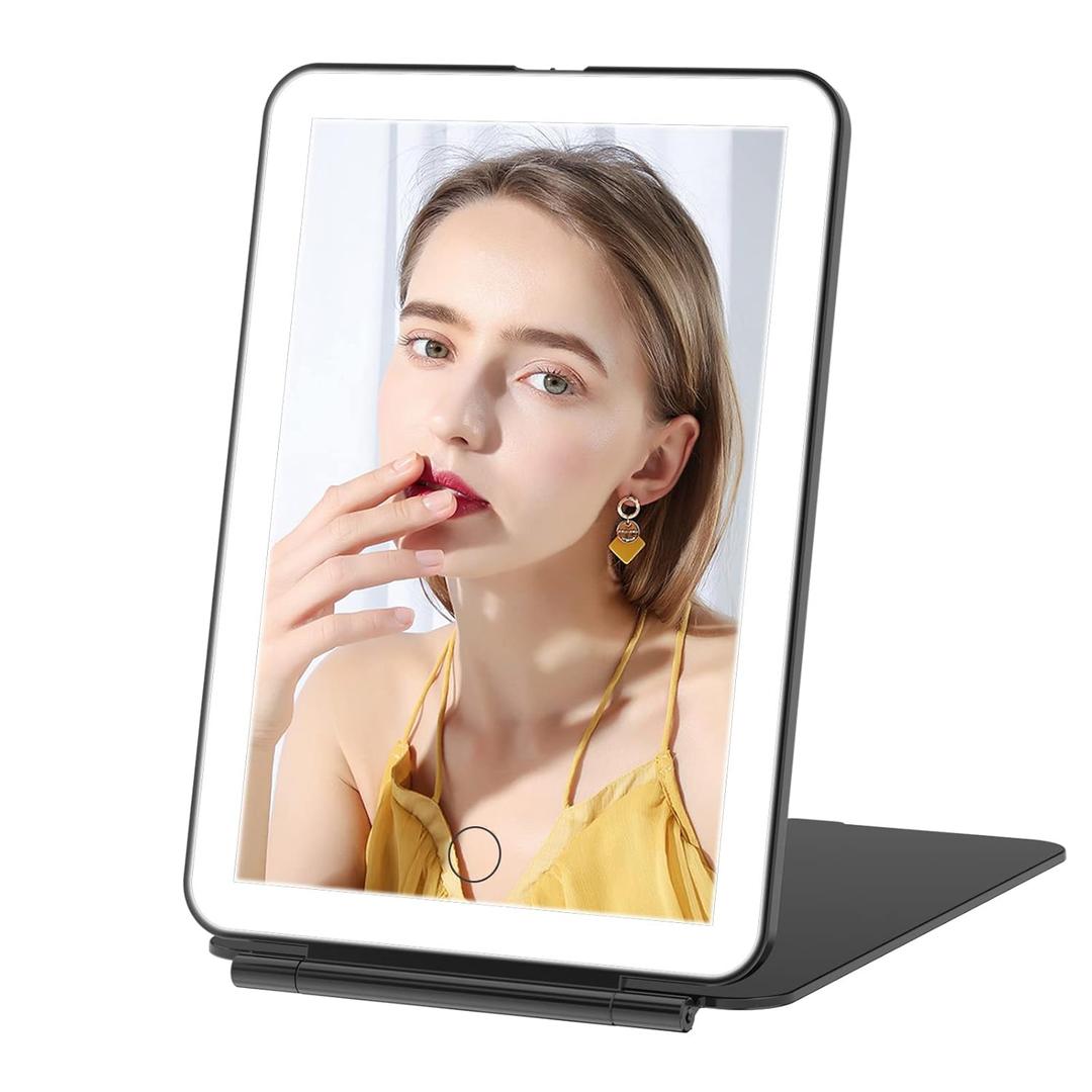 FUNTOUCH Rechargeable Travel Makeup Mirror with 72 Led Lights, Portable Lighted Beauty Mirror, 3 Color Lighting, Dimmable Touch Screen, Tabletop LED Folding Cosmetic Vanity Mirror (Black)
