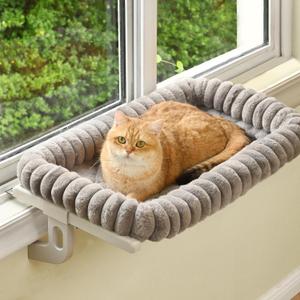 Cloud-Cuddle Cat Window Perch with 4-Sided Bolster, Zipper Design Cushion Window Seat for Window Sill, Sturdy Metal Frame & Easy Assembly Pet Hammock Bed for Indoor Cats (Gray, Large)