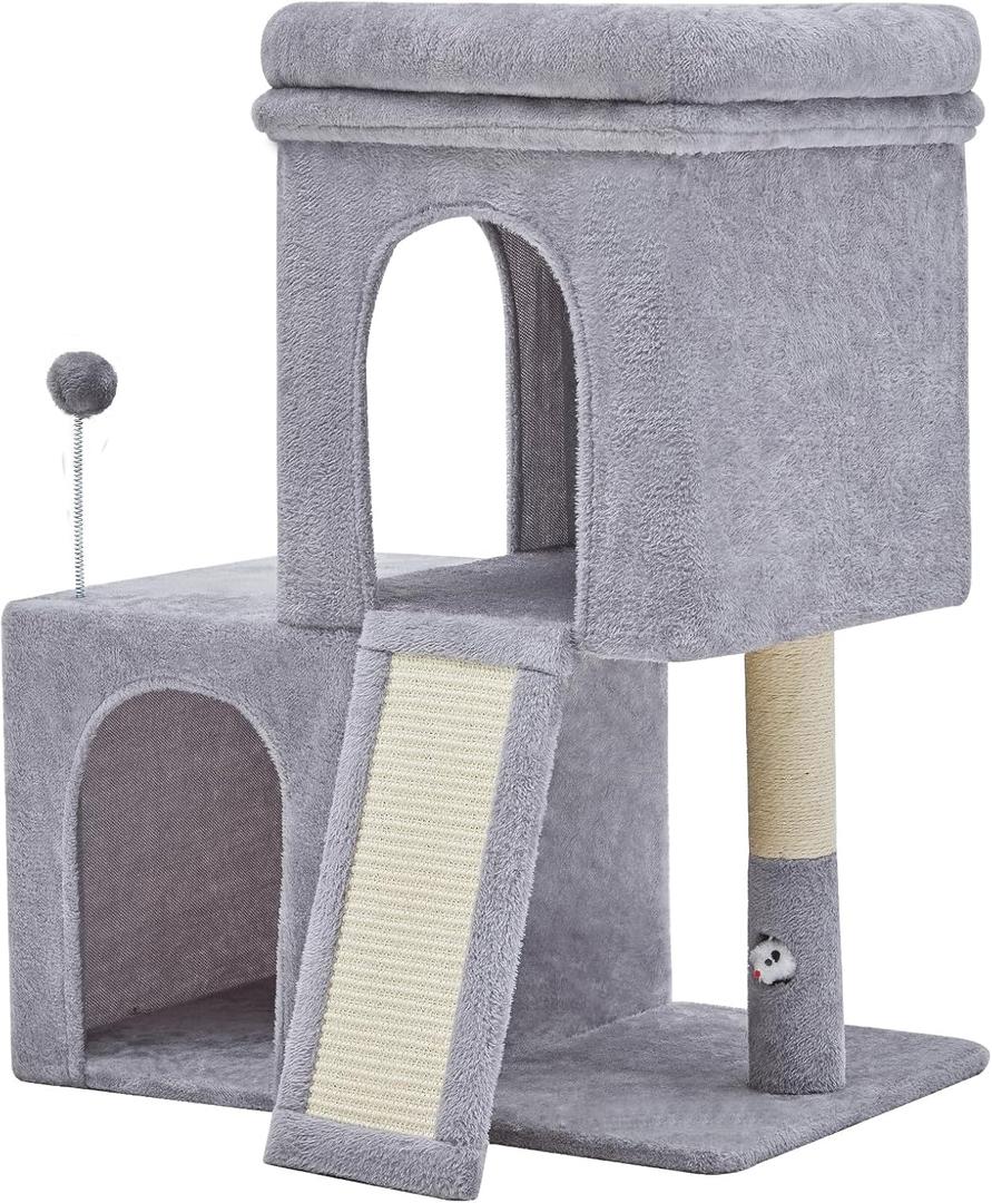 Woochpet 32inch Tall Cat Tree with 2 cat condo for Adult Cats Cozy Cat Tower with Scratching Post and Scrather Board for Cats of Different Ages.Light Grey