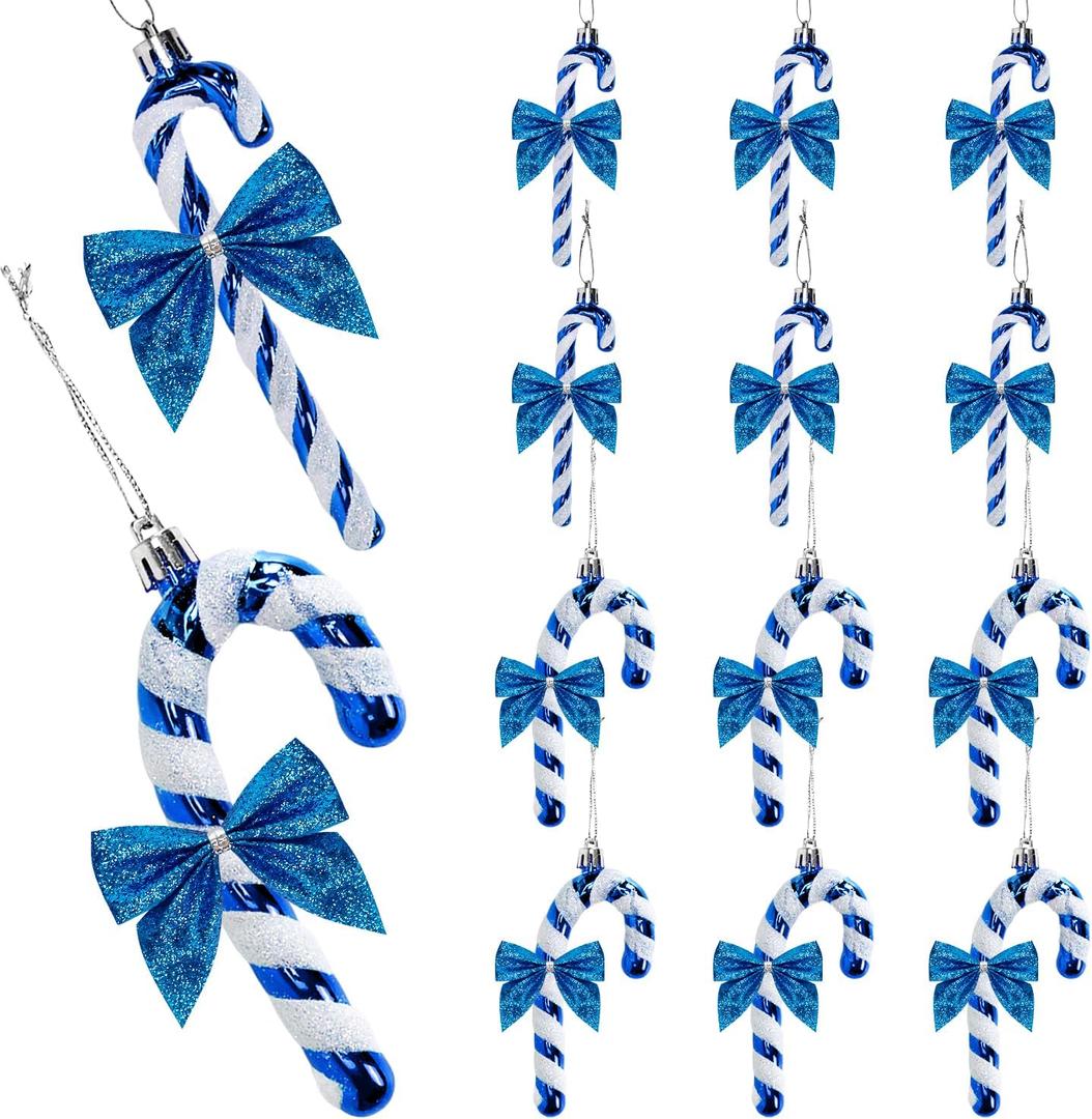 24 Piece Glitter Candy Cane and Bows Assorted 4.7" Christmas Decorations Hanging Ornaments for Xmas Tree Holiday Festive Party Home Dcor (Blue)