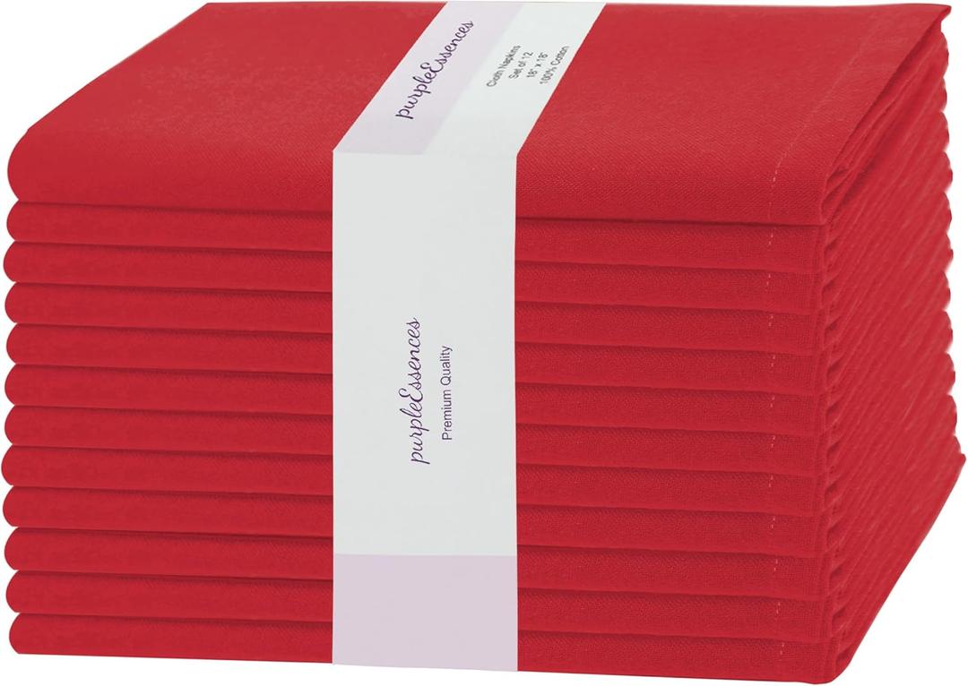 PurpleEssences Set of 12 Cloth Dinner Napkins 100% Cotton 18x18 Inch - Soft Durable Washable - Ideal for Farmhouse Party Fall Thanksgiving - Perfect Everyday Use Table Linen - Red