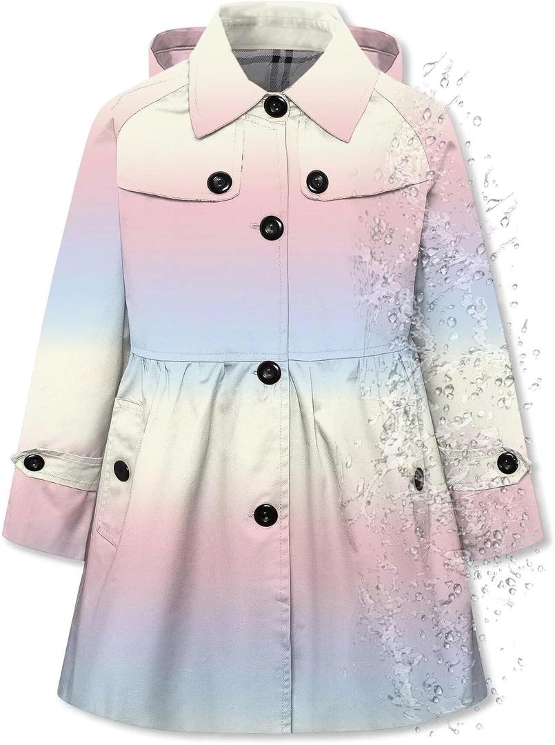 Betusline Girl's Hooded Rain Jackets Lightweight Print Waterproof Trench Coat Windbreaker Raincoats for Girls,2-14 Years (Pink)
