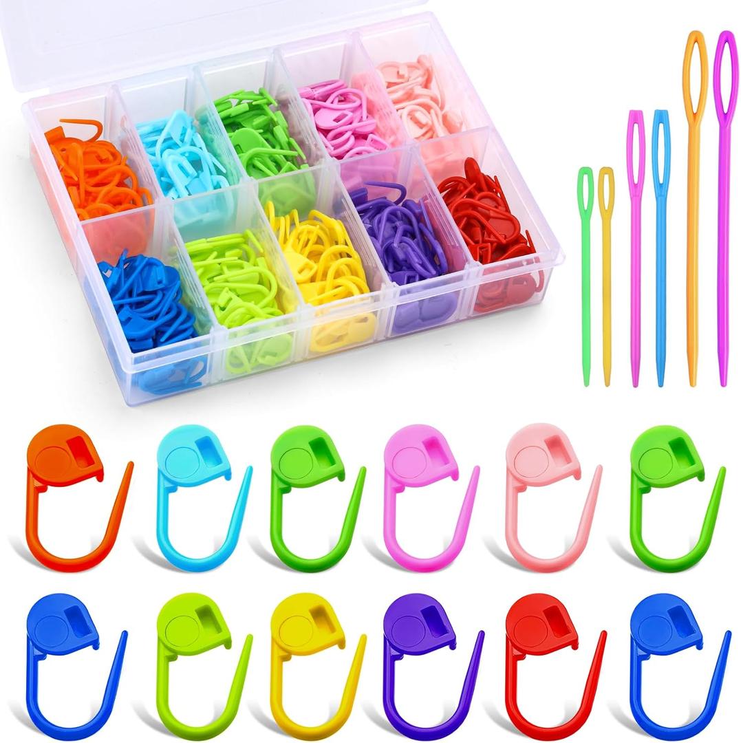 LUNARM 200 Pcs Stitch Markers for Crocheting, 10 Color Crochet Stitch Markers Knitting Locking Clip Pins with 6 Yarn Needles for DIY Craft Sewing