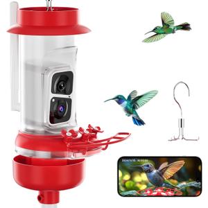 Soliom Hummingbird Feeder with Camera, Smart Feeder Camera with 2K Live View AI Identify, Leak Proof&Ant Moat&Bee Proof, Outdoor Pole/Hook Hanging, Ideal Gift for Family, 16 OZ Red