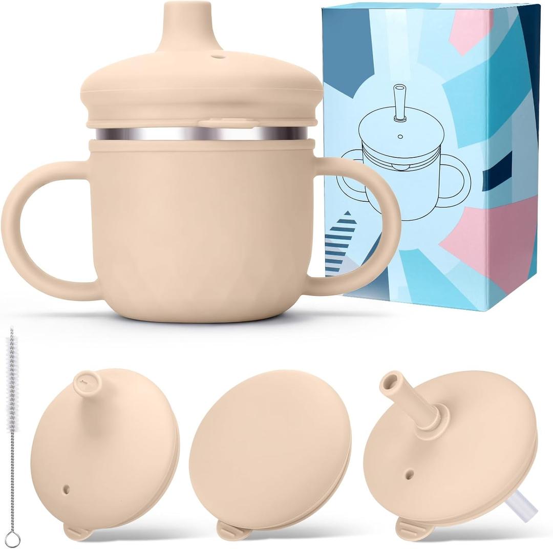 BUSOHA Stainless Steel Toddler Sippy Cup  8oz Spill-Proof Straw Cup for 6+ Month Babies & Toddlers, 3-in-1 Reusable Travel Cup with Brush  Dishwasher Safe, Kids Drinking Cup,Beige