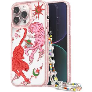Designed for iPhone 14 Pro Max Case Pink Glitter Clear - Cute Bling Phone Case with Wrist Strap - Aesthetic Y2K Case for Woman, Girl 6.7" (Tiger)