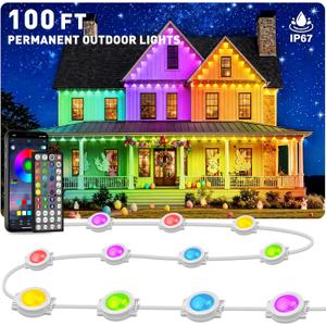 100FT Permanent Outdoor Lights, IP67 Waterproof for House Roof, Holiday, Party, Daily Lighting, Smart RGB Outdoor Lights with Remote APP Control & DIY Scenes