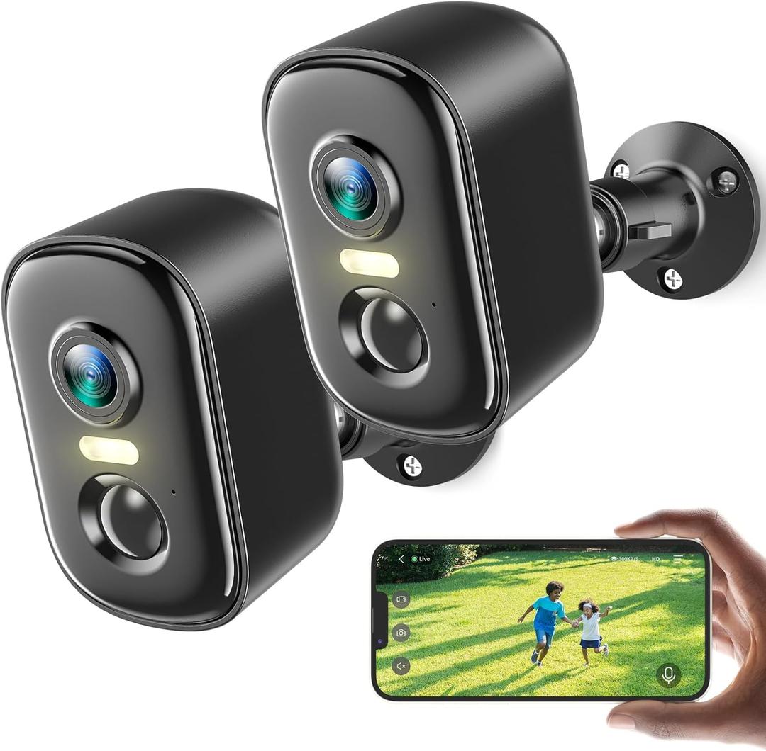 2K Security Cameras Wireless Outdoor, 2 Pack Battery Powered WiFi Cameras for Home Security with AI Motion Detection, Spotlight Color Night Vision, 2-Way Talk, Siren Alarm, IP65, Cloud/SD Storage