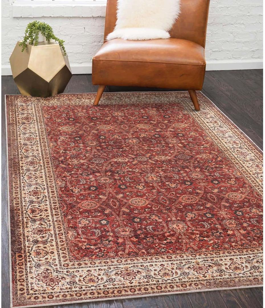 SUPERIOR Boho Floral Medallion Washable Rug, Non-Skid Backing, Pet & Kid Friendly, Easy Care, Non-Slip Rugs for Living Room, Dining, Bedroom, Low Pile Area Rug, Toucan Collection, 10' x 14', Beige