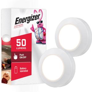 Energizer LED Puck Lights, 2 Pack, Battery Operated, Push Light, Wireless Lights, 50 Lumens, Tap Light, Stick On Lights, White, Perfect for Under Cabinet, Closets, Pantry, and More, 46009