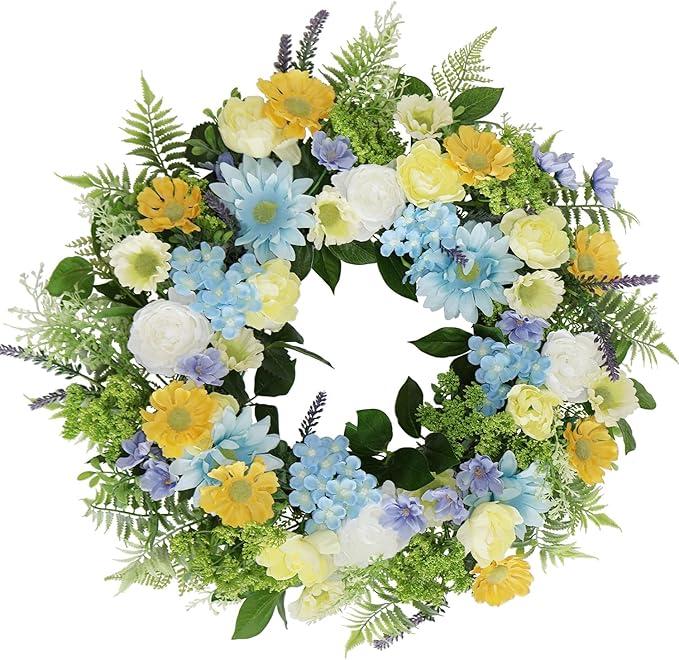 Faux Silk Cherry Blossom Flower Spring Summer Easter Wreath 24-26" for Front Door  Pink Purple Yellow Plum Blossom Green Eucalyptus Leaves  Farmhouse Front Porch Decor, Outdoor Indoor Use